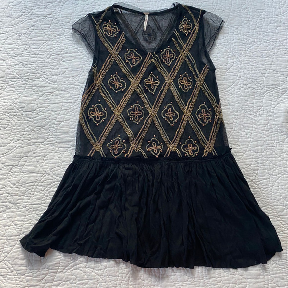 🖤 Free People Black Beaded Mesh Tunic Top - Picture 2 of 5